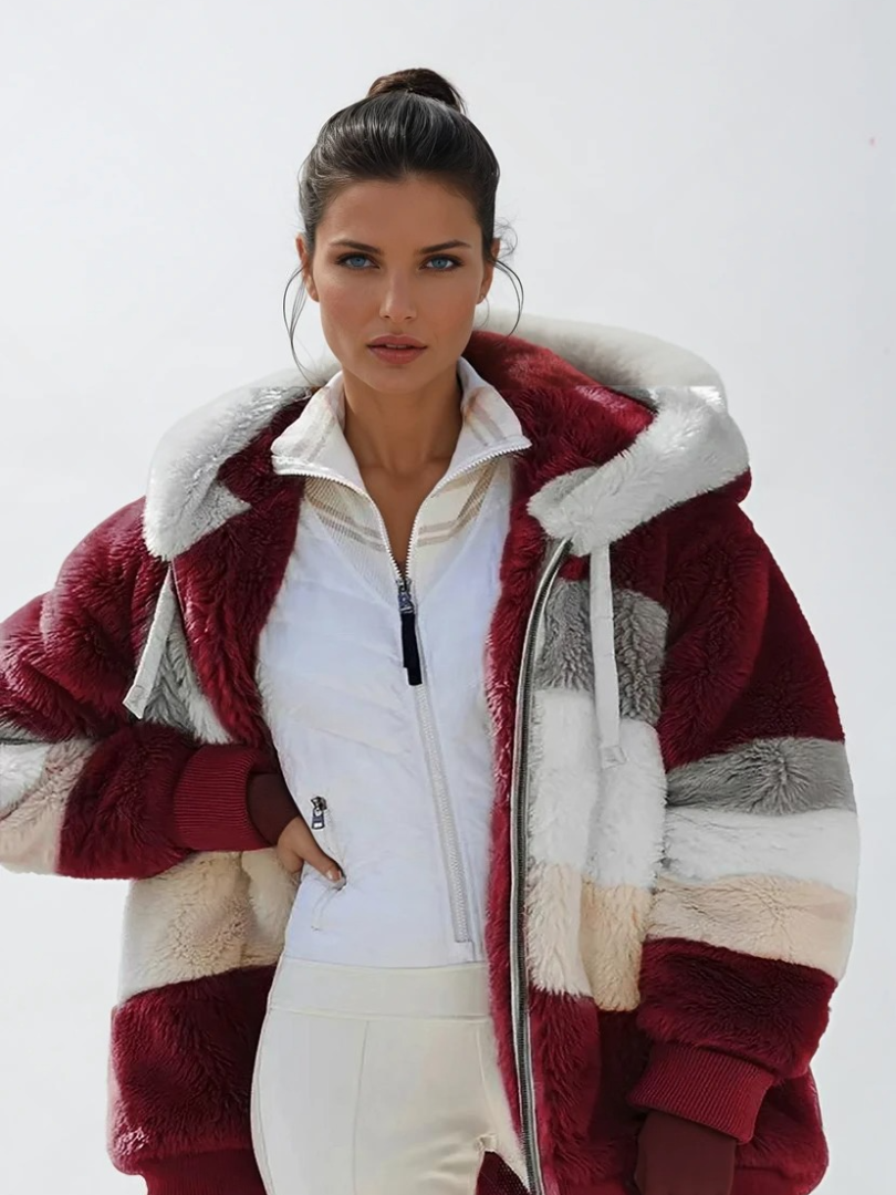 Damernas Padded Plush Coat med Kontrasterande Design