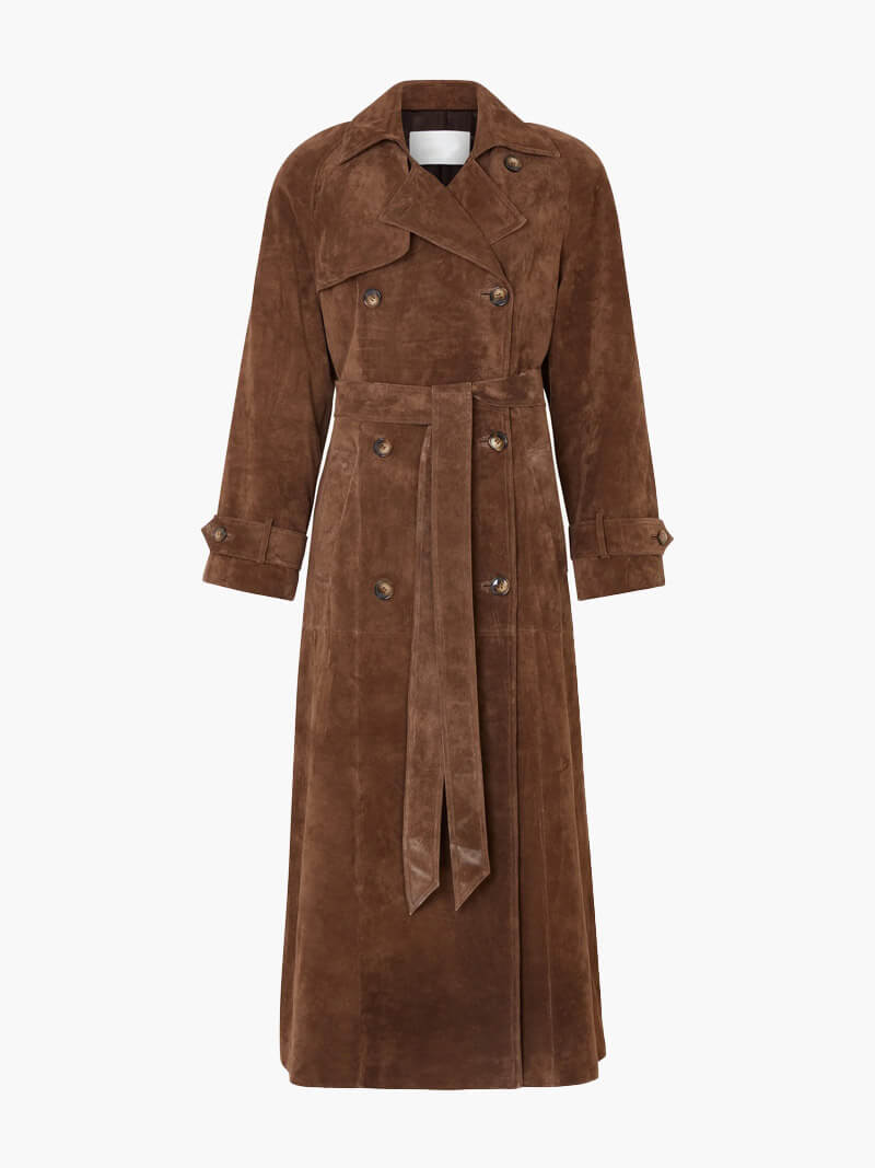 Damernas Trenchcoat i Suède Look Midi med Dubbelknäppning och Bälte