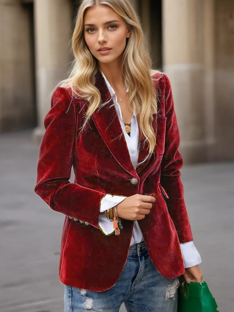 Dam Blazer Retro Elegant Enknappad Sammet
