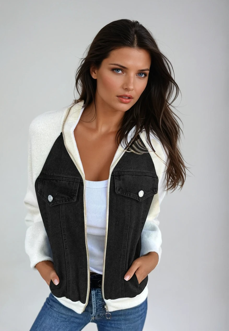 Dam Bomberjacka Klassisk Denim med Stickade Ärmar