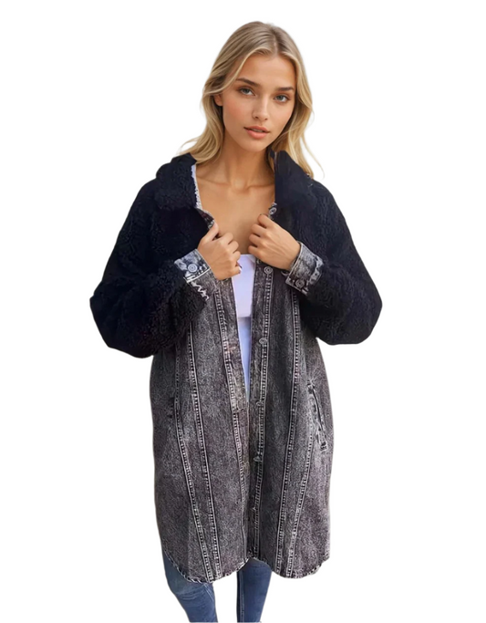 Damens Denim Överrock med Ulldetaljer