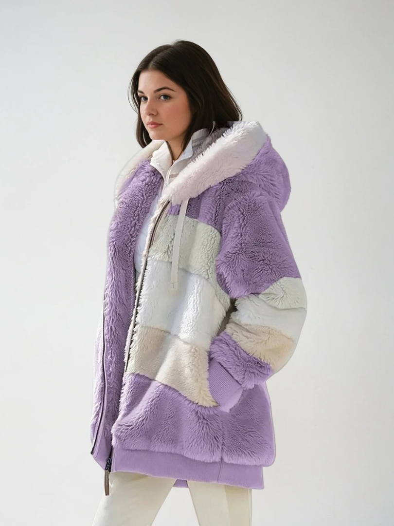 Damernas Padded Plush Coat med Kontrasterande Design