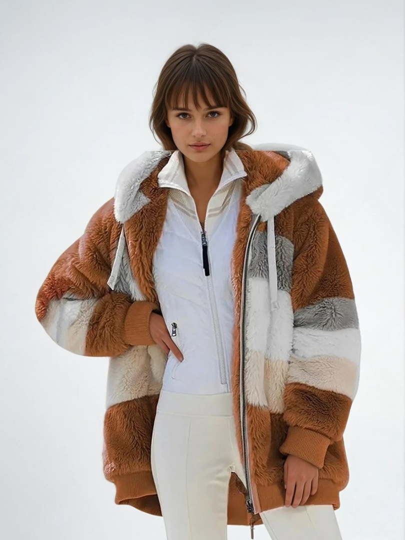 Damernas Padded Plush Coat med Kontrasterande Design