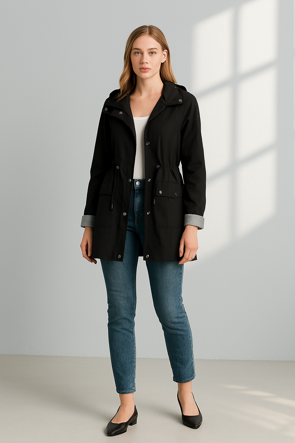 Damjacka med Huva Justerbart Midjeband Vattenavvisande Tyg