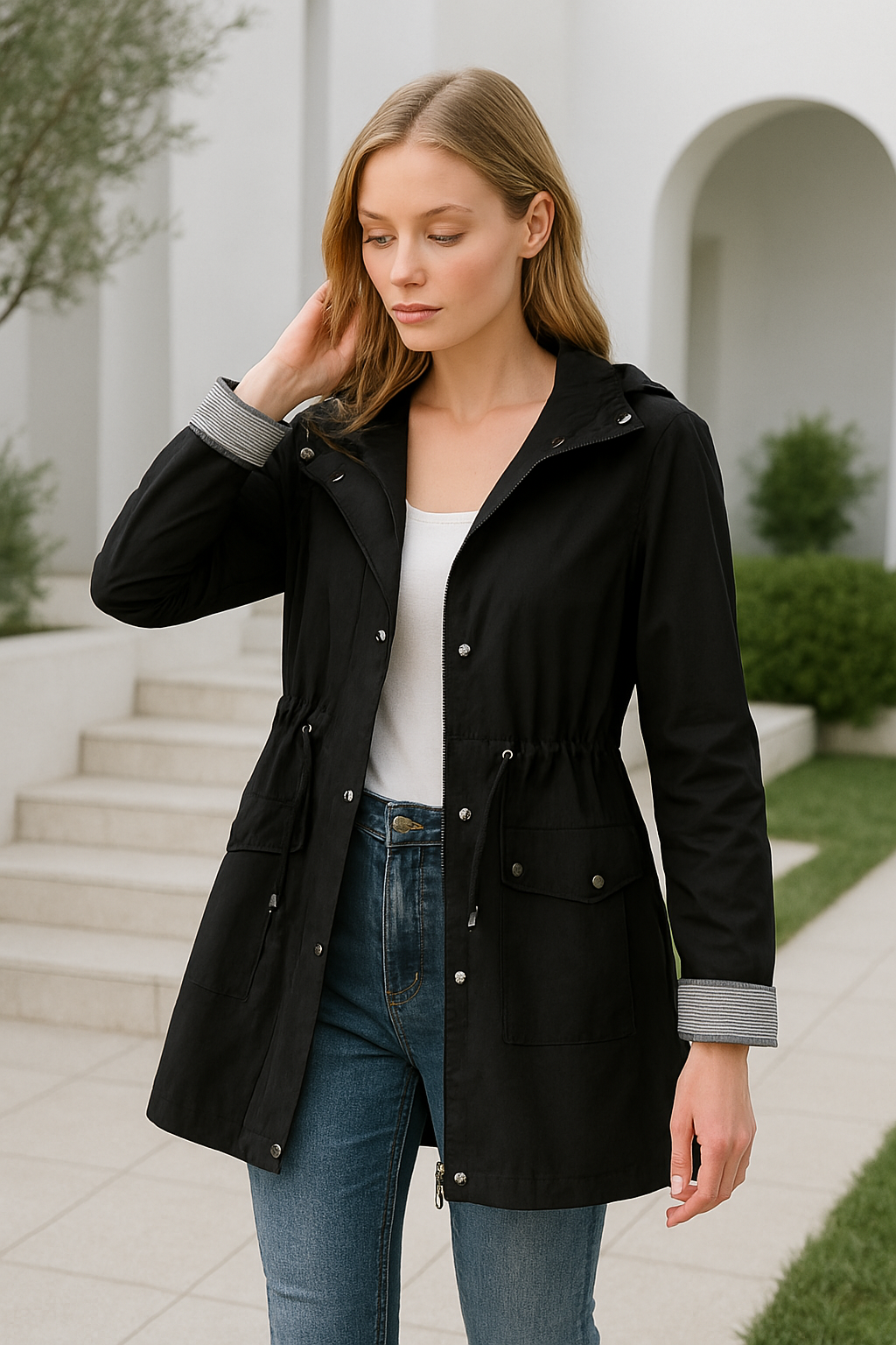 Damjacka med Huva Justerbart Midjeband Vattenavvisande Tyg