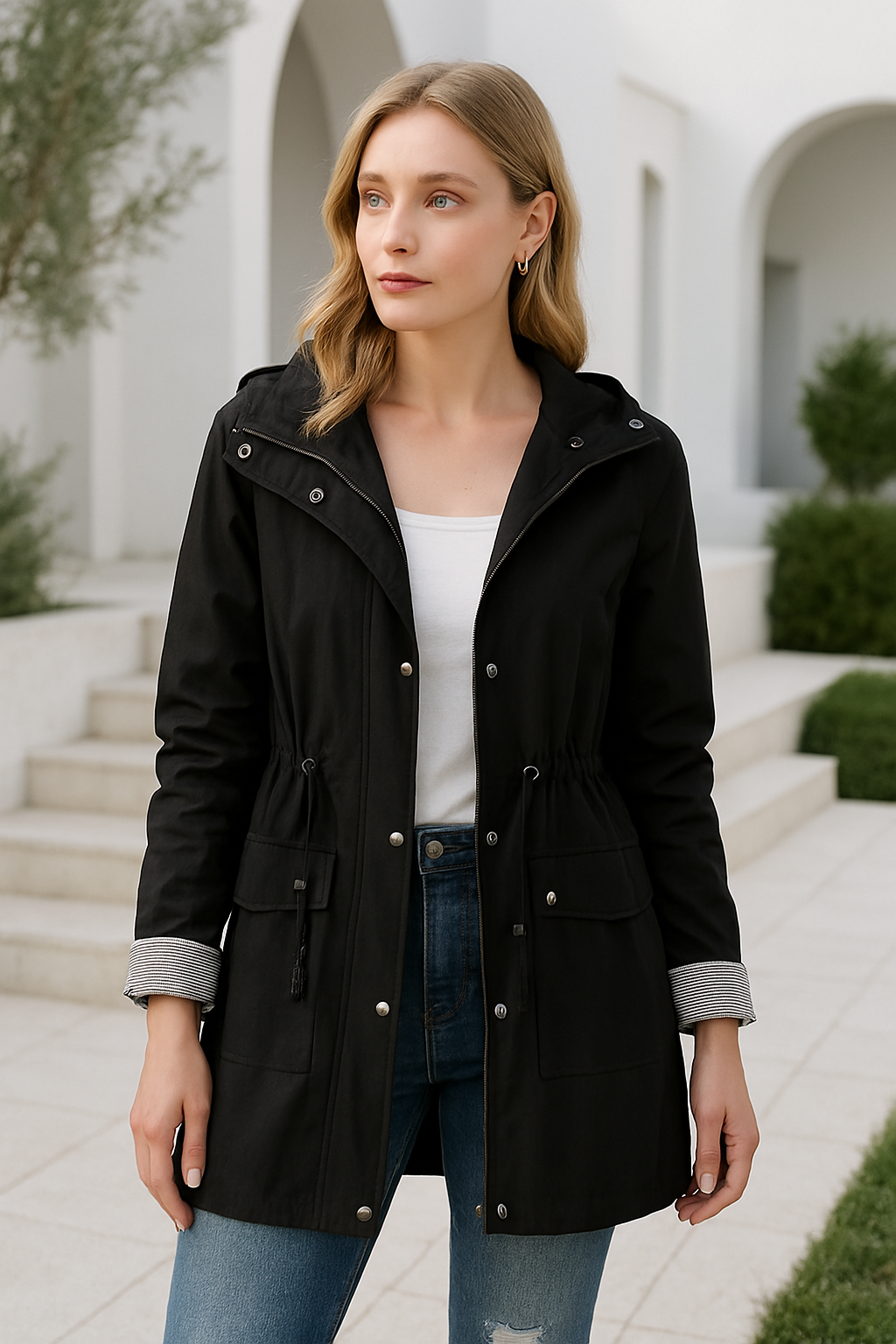 Damjacka med Huva Justerbart Midjeband Vattenavvisande Tyg